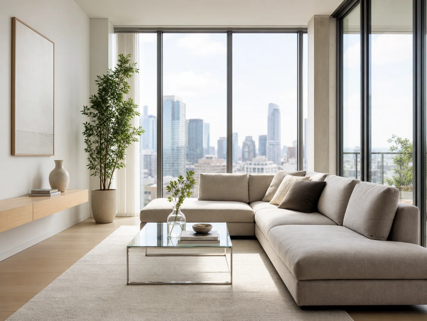 Bright architectural living room with floor to ceiling windows